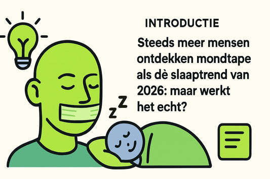 Illustration of a person with a taped mouth and a sleeping figure, introducing sleep trend 2026.
